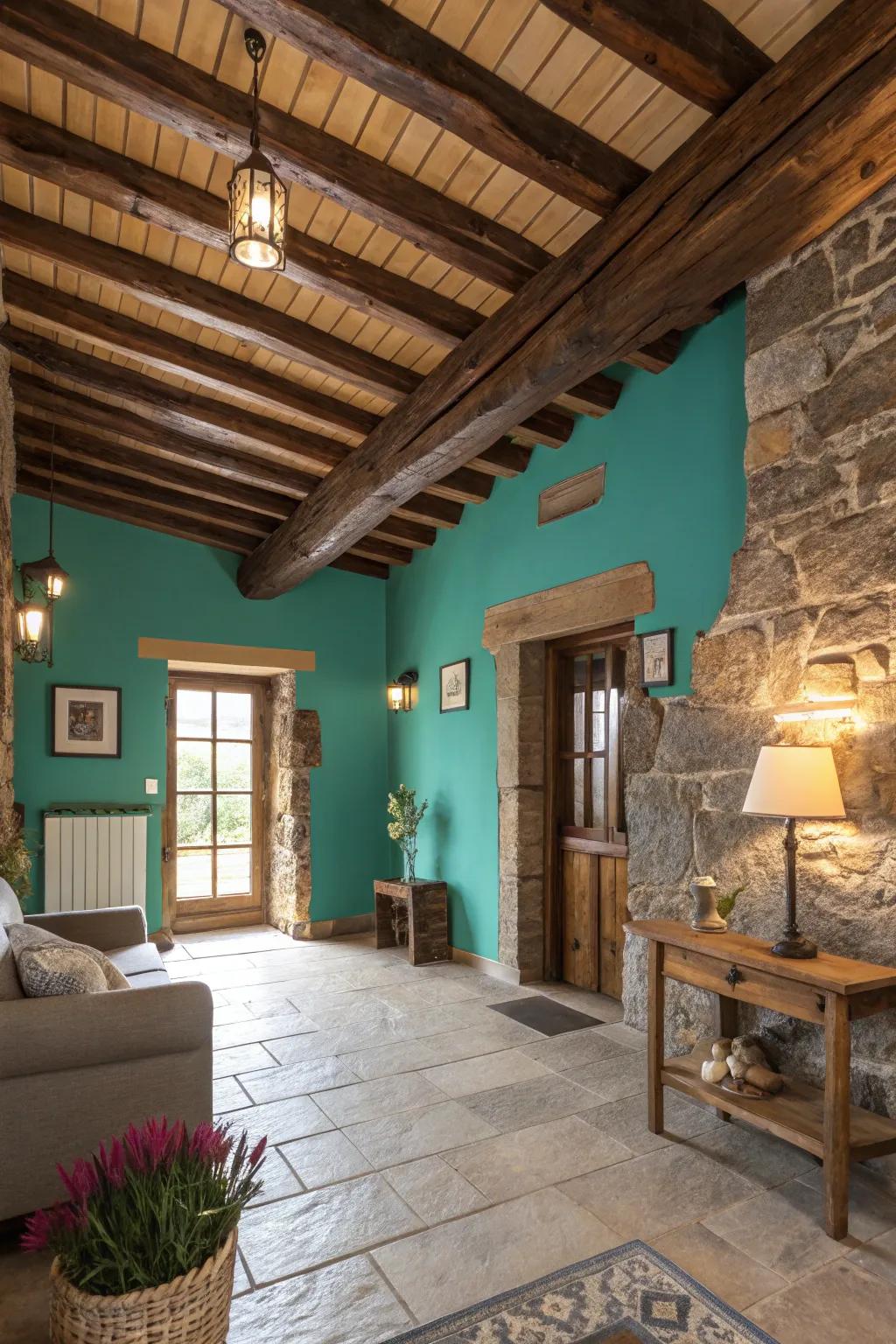 Warm and welcoming rustic decor featuring teal walls.