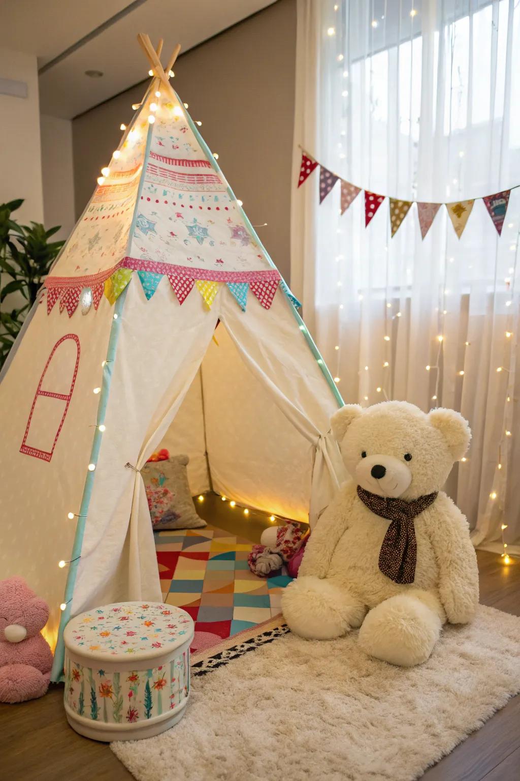 A teepee with a cuddly bear creates a welcoming gift area.