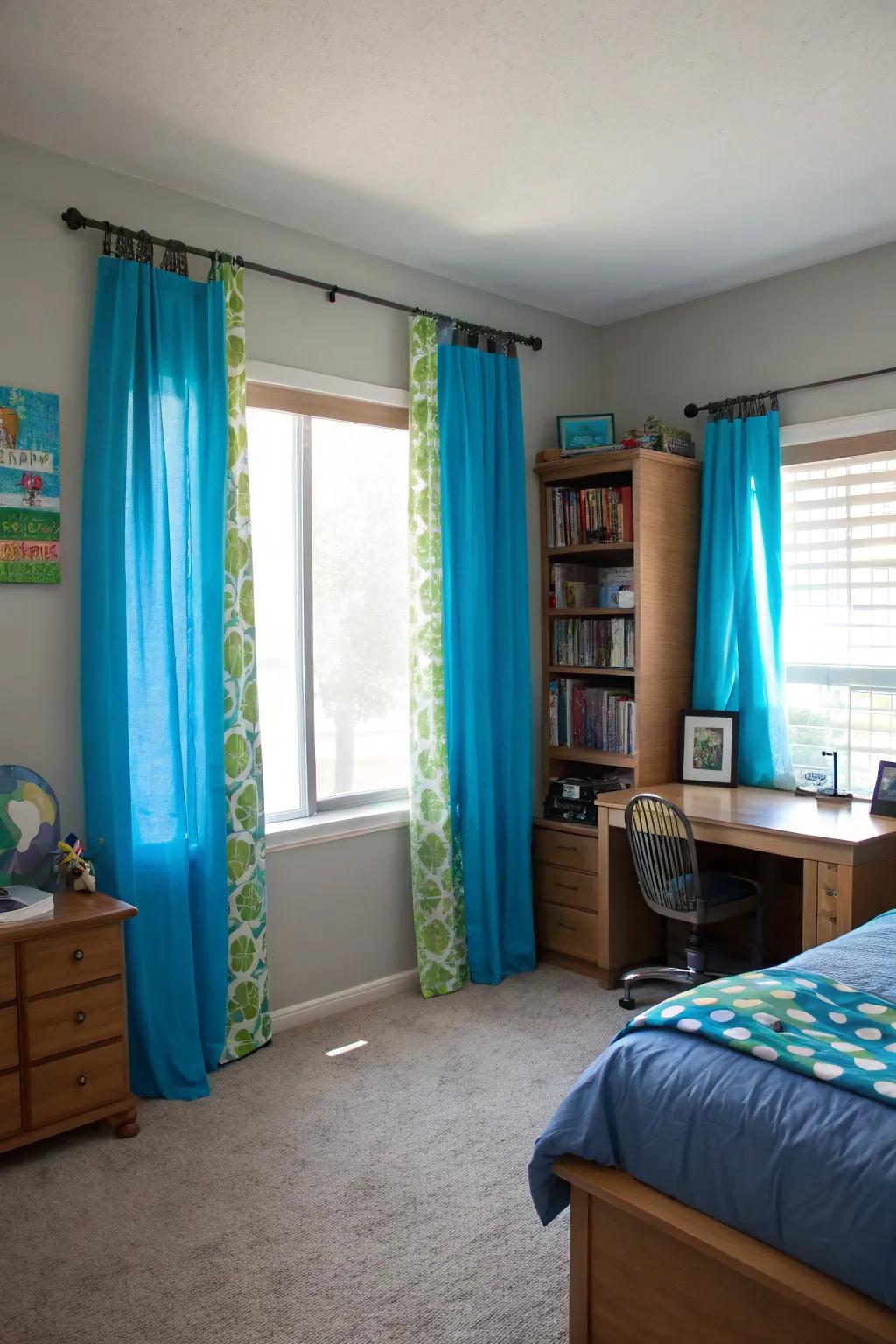 Bright drapes establish an uplifting focal feature in the space.