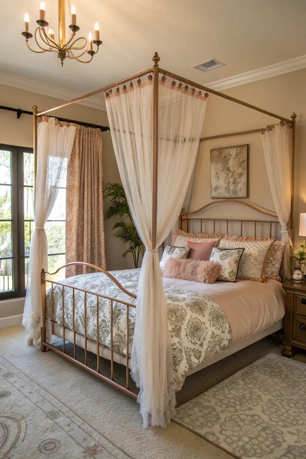 A rose gold bed with canopy evolves into a stylish center point.