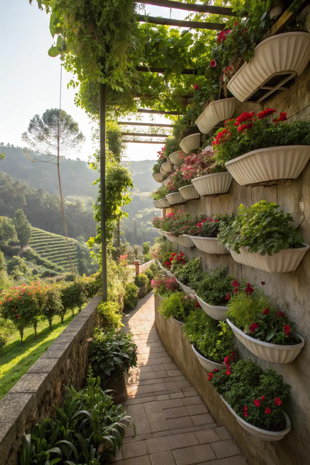 Upright gardens in a terraced setting, optimizing space and adding layers of greenery.