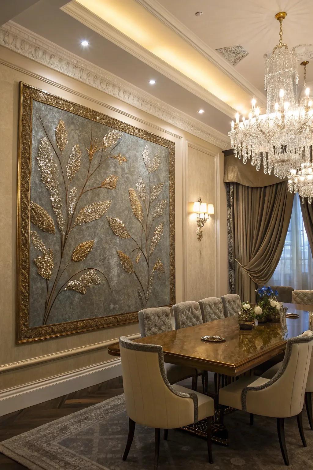 Metal touches in this texture painting give a spark of luxury to the dining space.