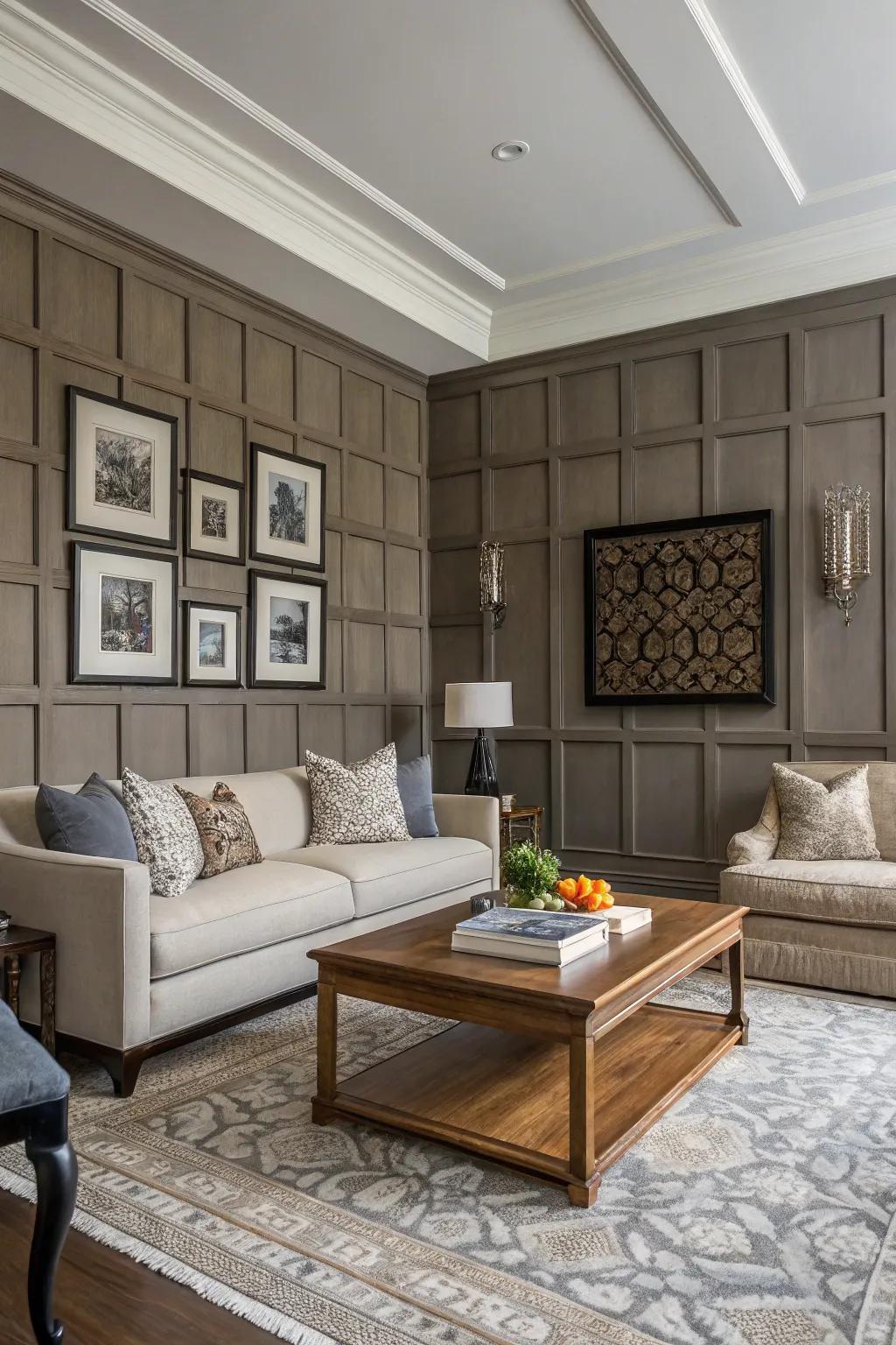 A living room featuring plank and batten wall texture.