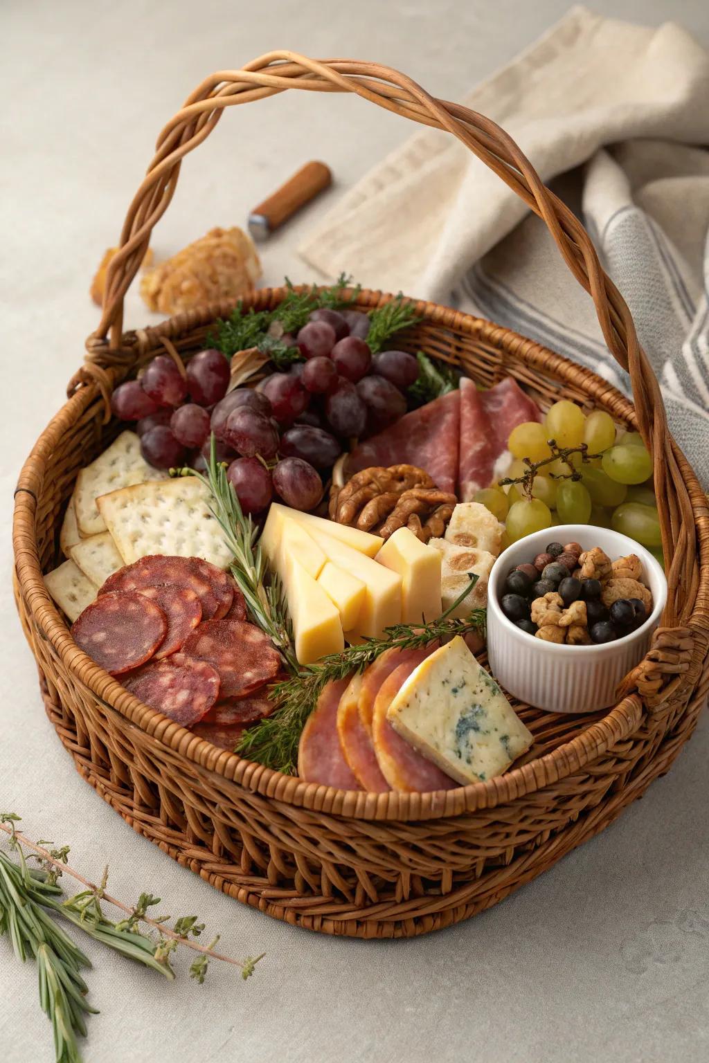 An elegant mini charcuterie arrangement for a gourmet touch.