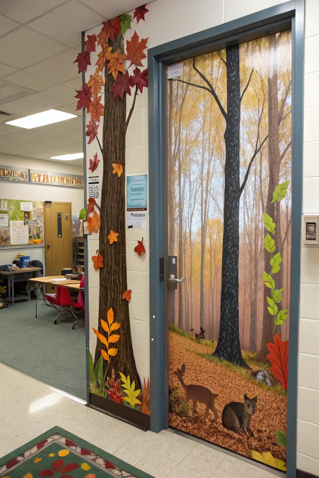 An autumn woodland panorama door exhibit encapsulating the essence of autumn.