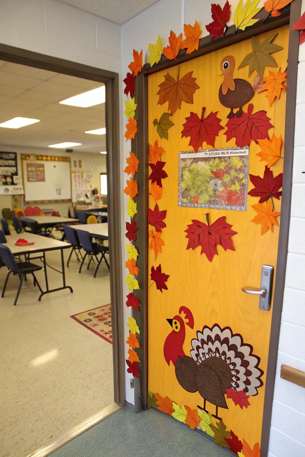 A Thanksgiving door greets students.