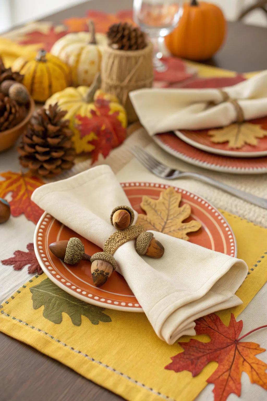 Acorn accents add a delightful and unexpected detail to your table.