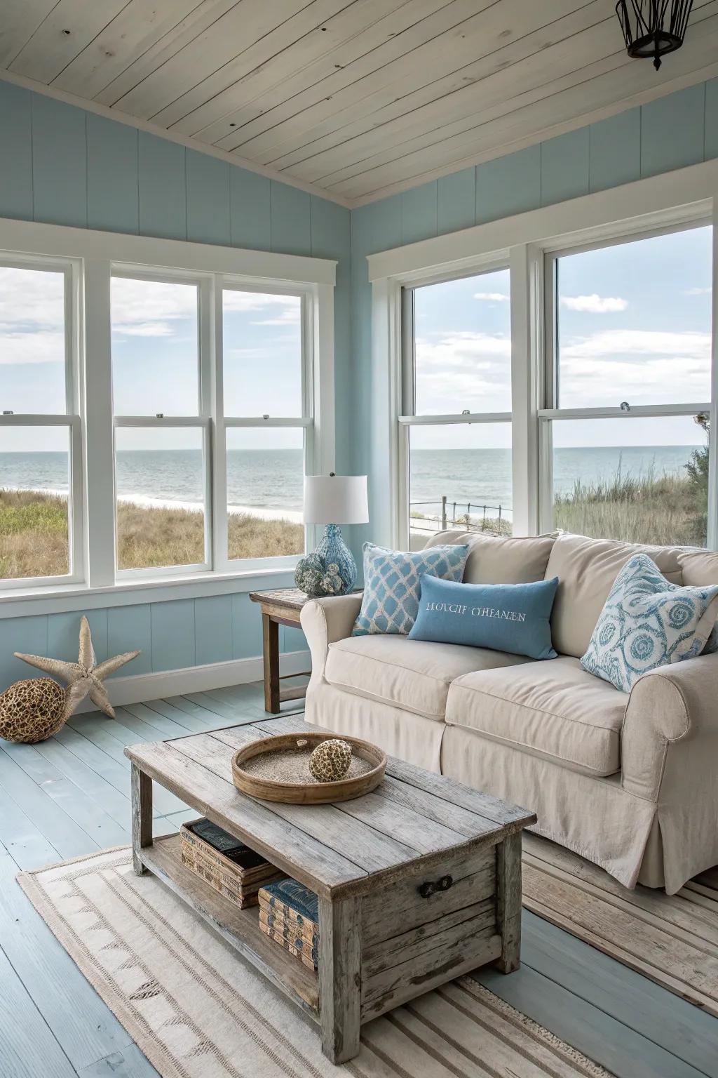 Coastal calm shown through soothing blues and a light breeze vibe.