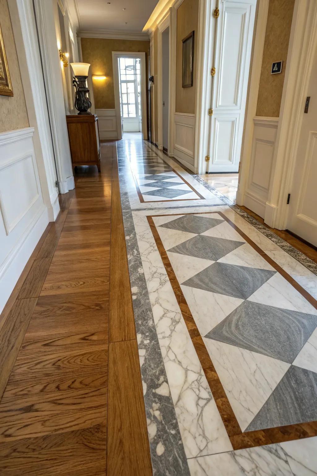 Dual-tone stone tiles produce a polished transition.