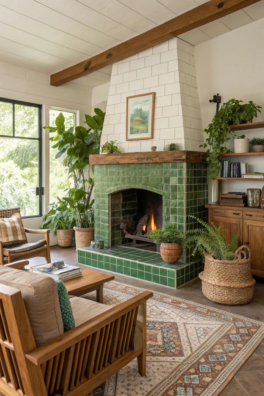 Eco-friendly panels provide a chic and sustainable fireplace design.