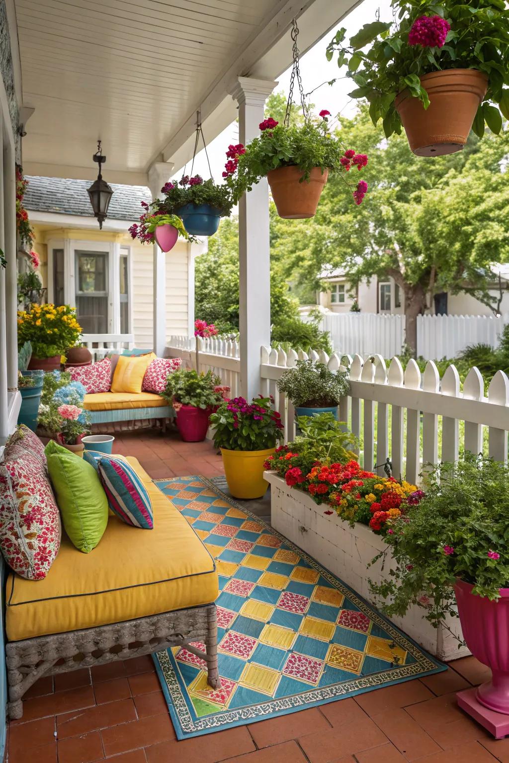 Dazzling hue blocks deliver a playful and cheerful atmosphere to this porch.