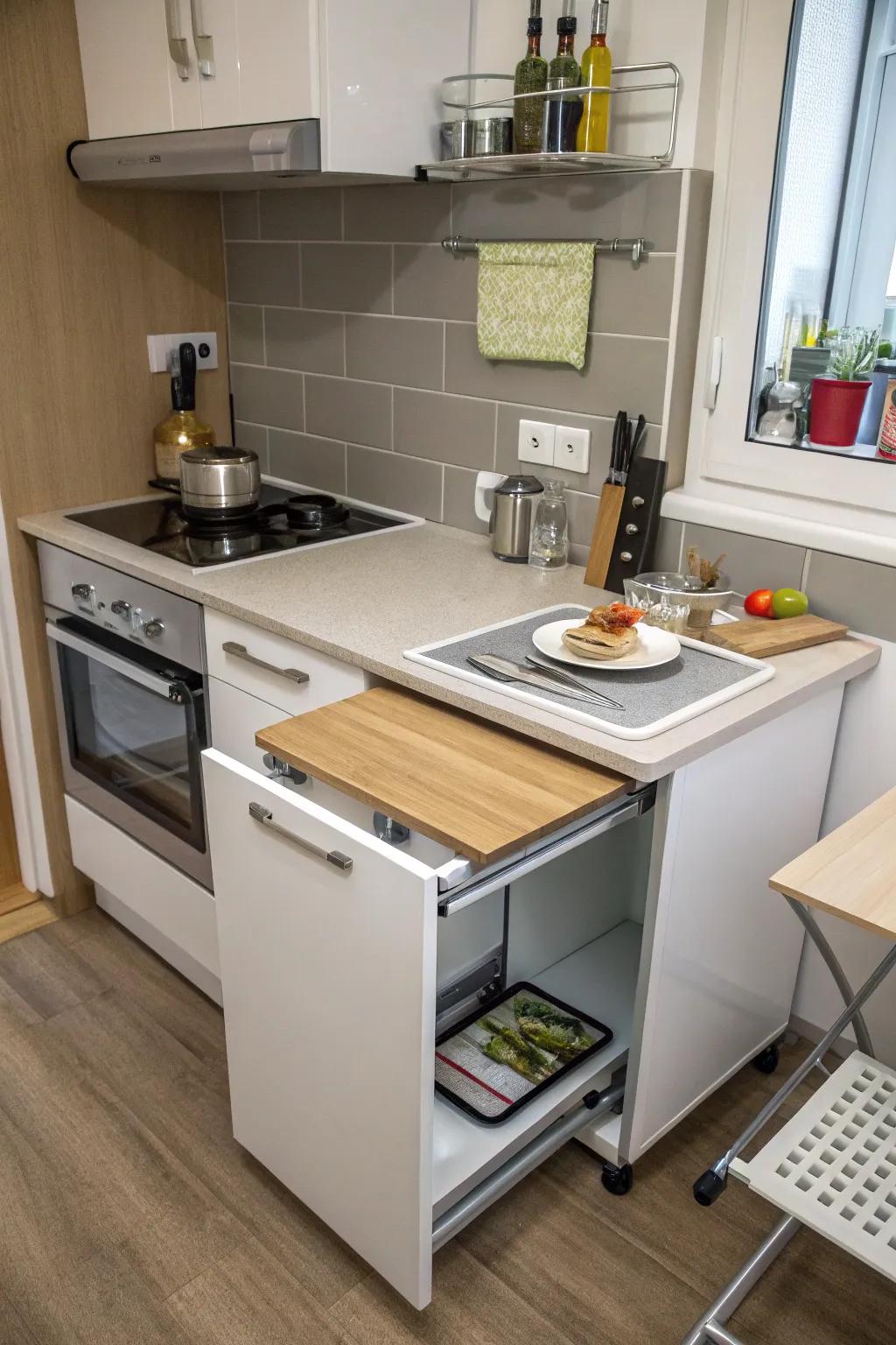 Expandable countertops present practical task area strategies in a small cooking space.