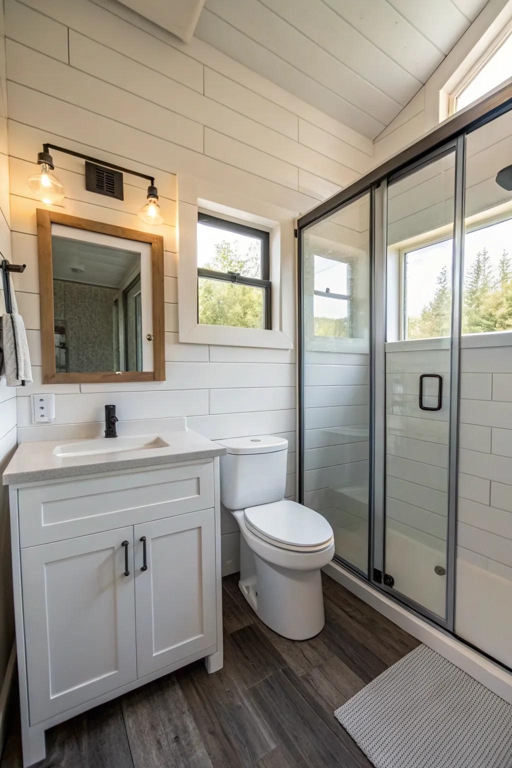 A simple design creates a peaceful and roomy bathroom.