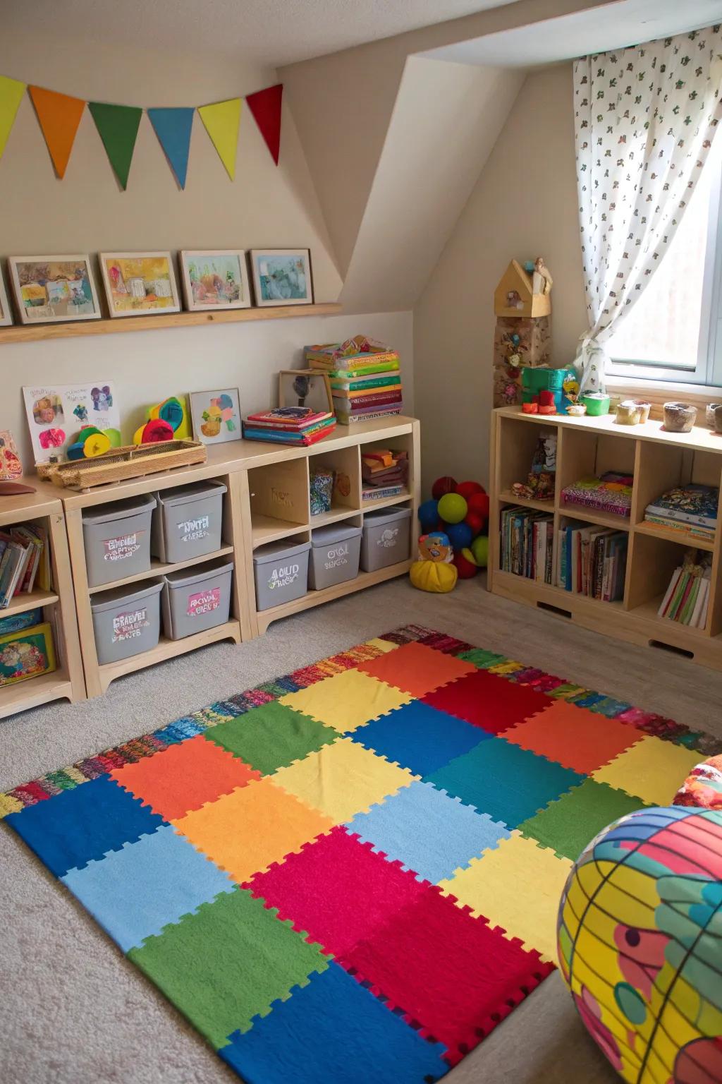 Rugs help separate areas in the room.