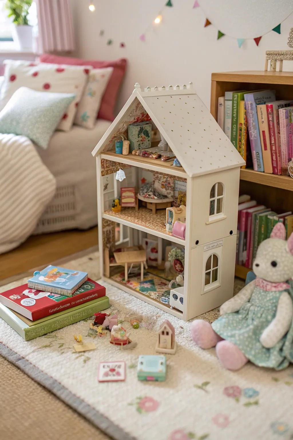 A whimsical world inside a small dollhouse.