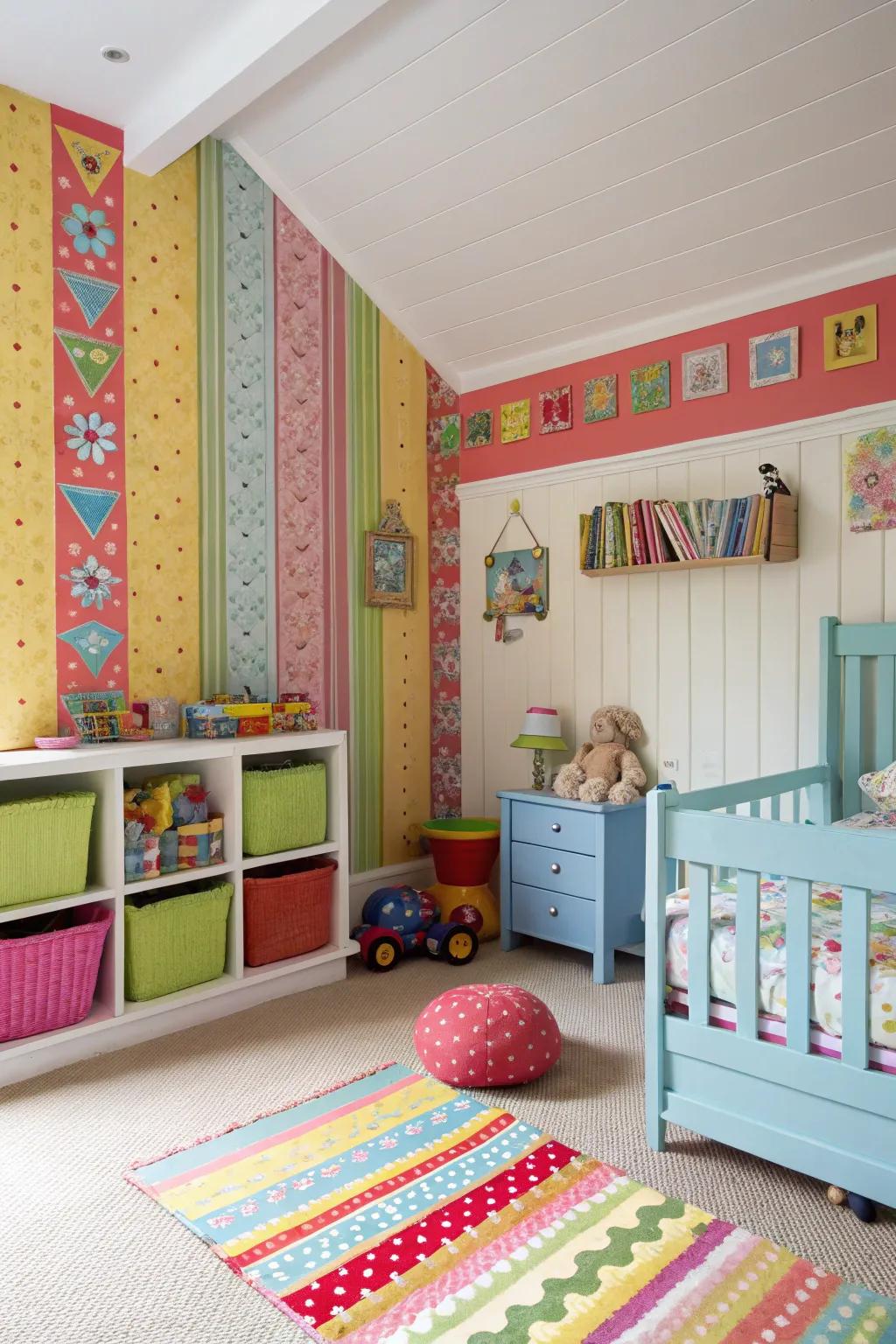 A fun and playful kids' room featuring colorfully painted shiplap walls.