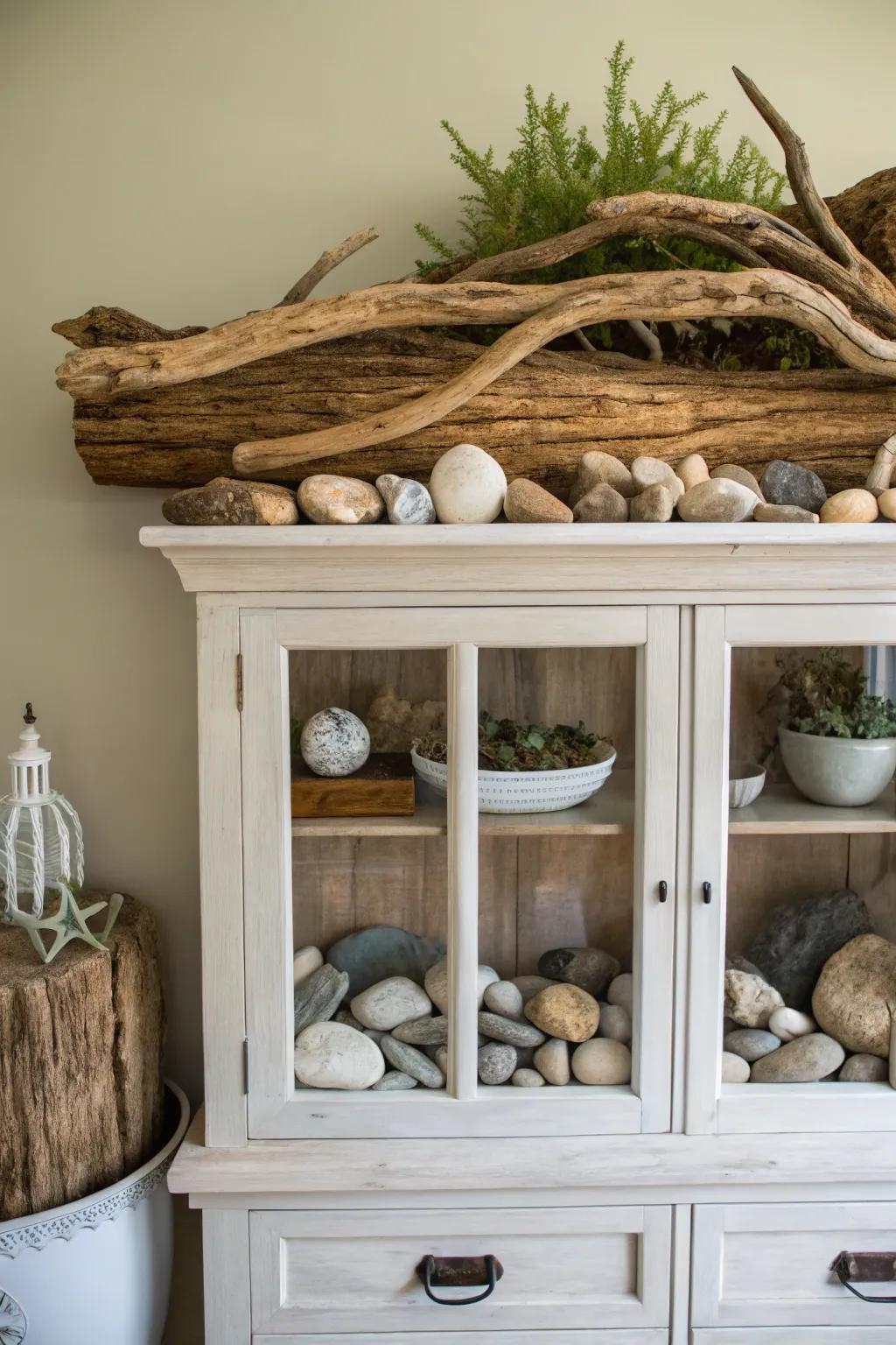Natural elements like driftwood contribute an earthy feel.