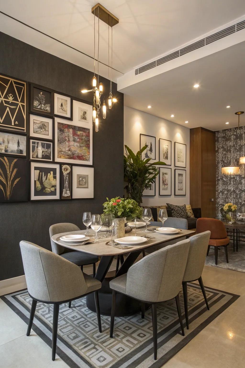 Dining area featuring a bold featured wall