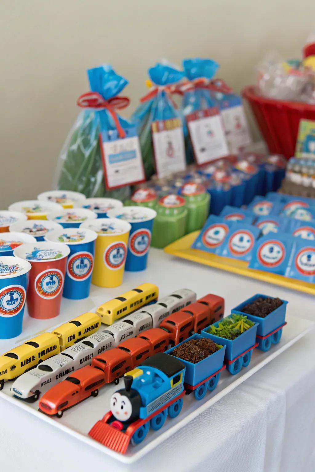 Locomotive-themed party gifts delight young guests.