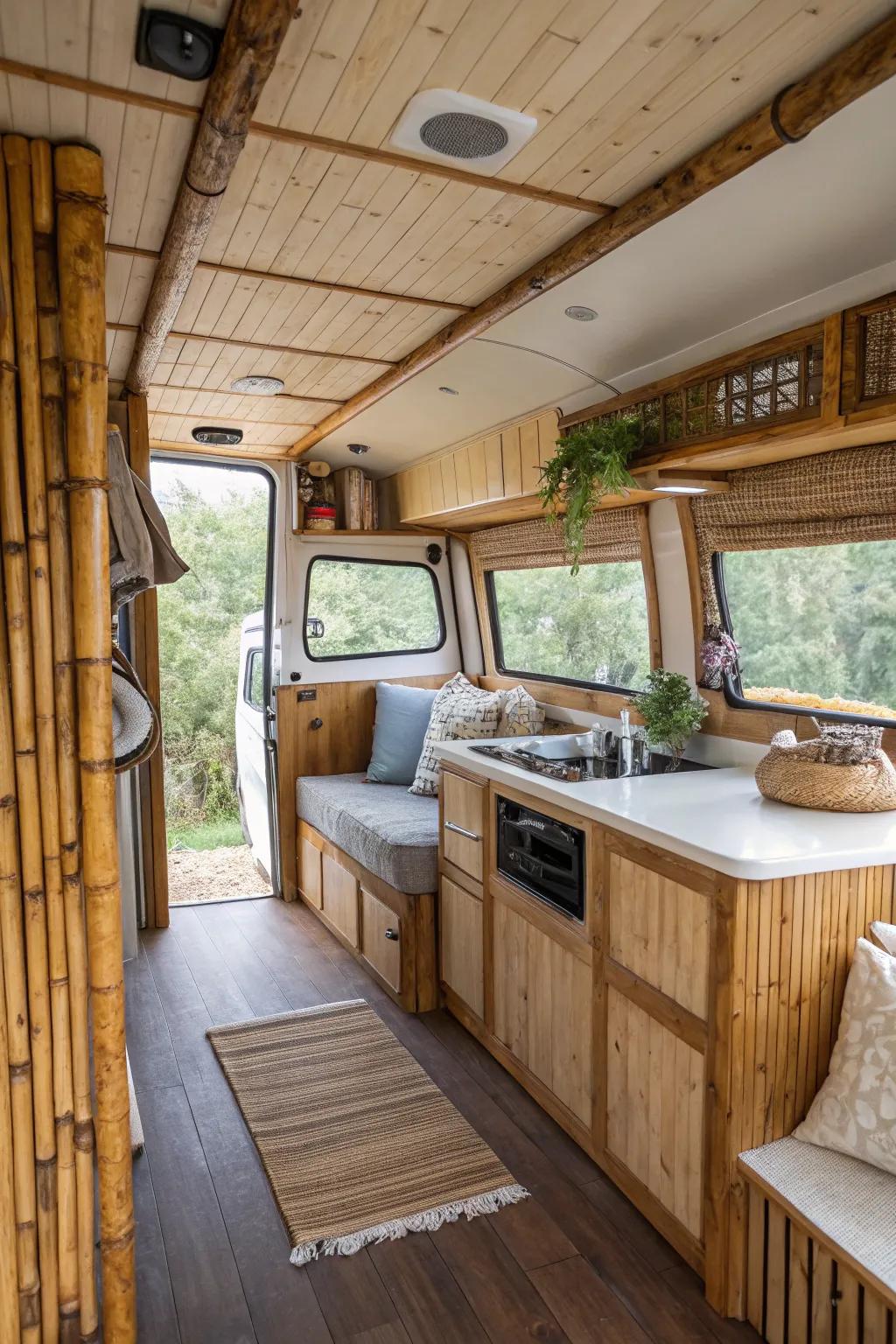 This travel trailer is decorated with plant-based materials and reclaimed wood, showing an eco-friendly design.