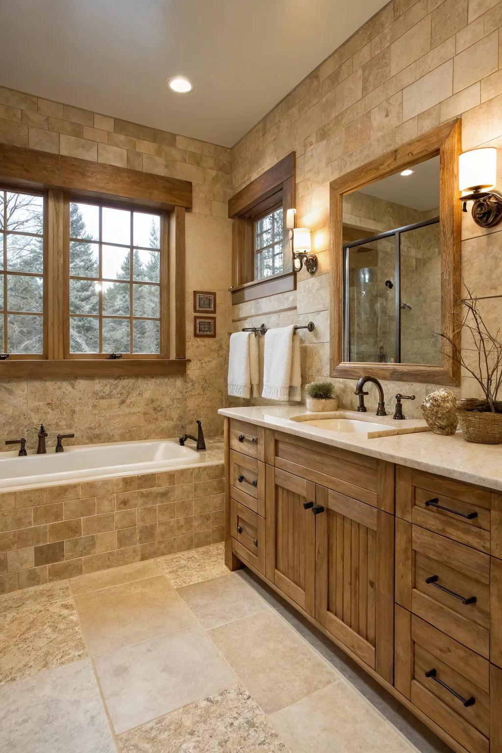 A travertine bathroom merging rustic allure with modern design elements.
