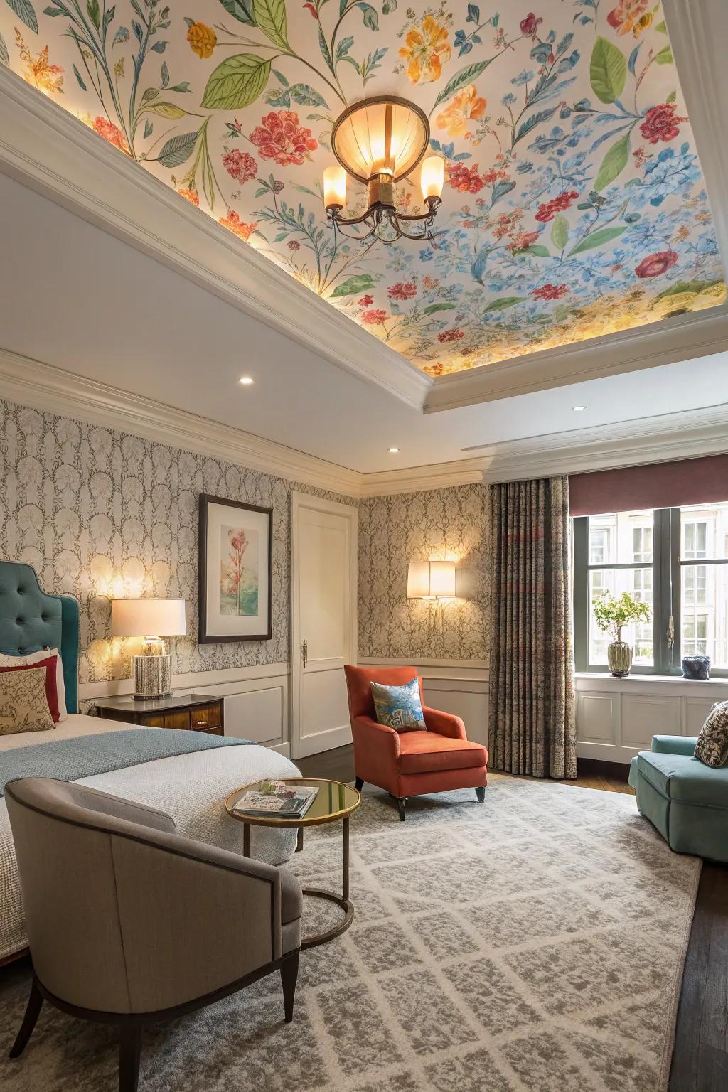 A fashionable room enhanced by a tray ceiling showcasing colorful covering.