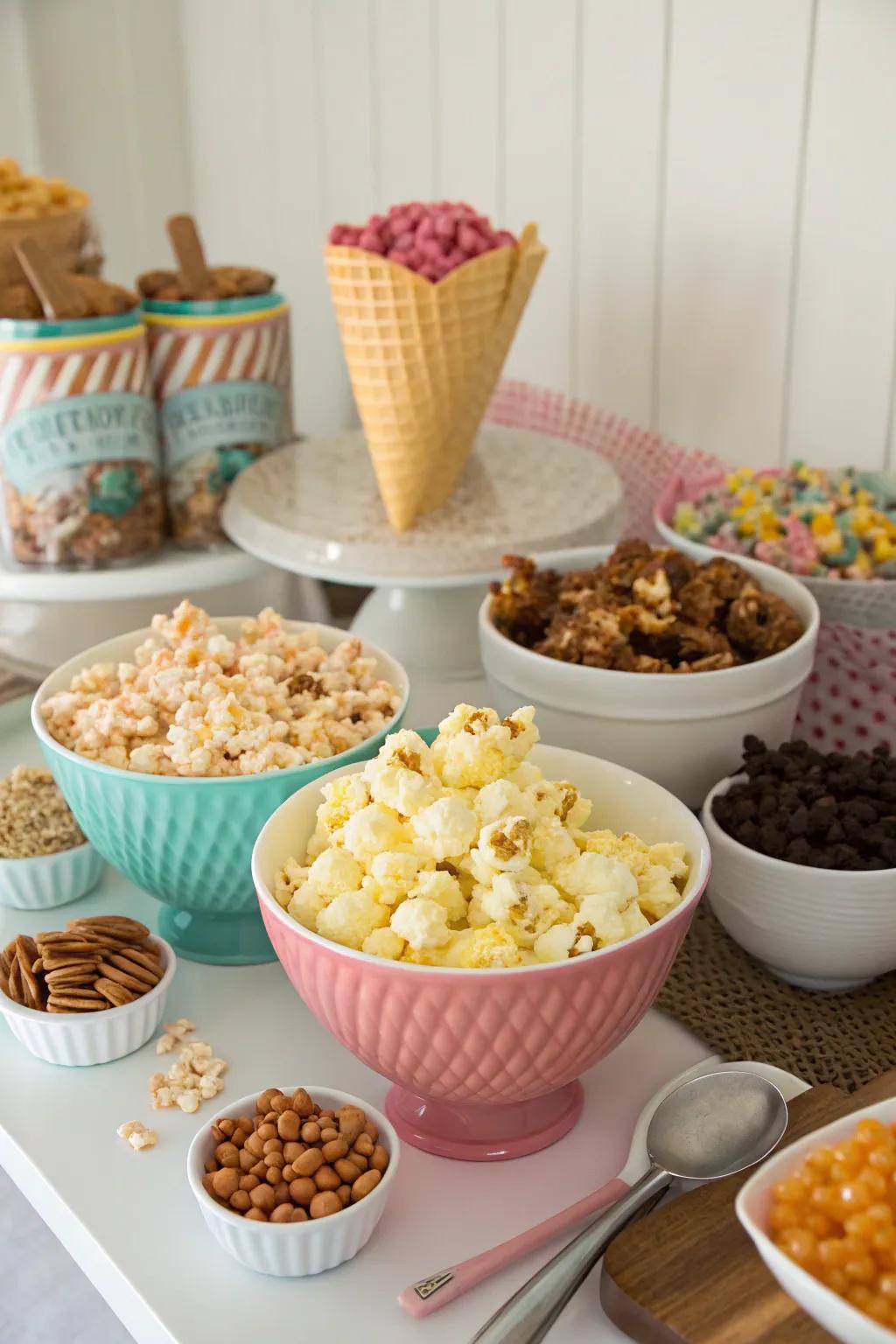 Popped kernel station featuring assorted flavors and garnishes.