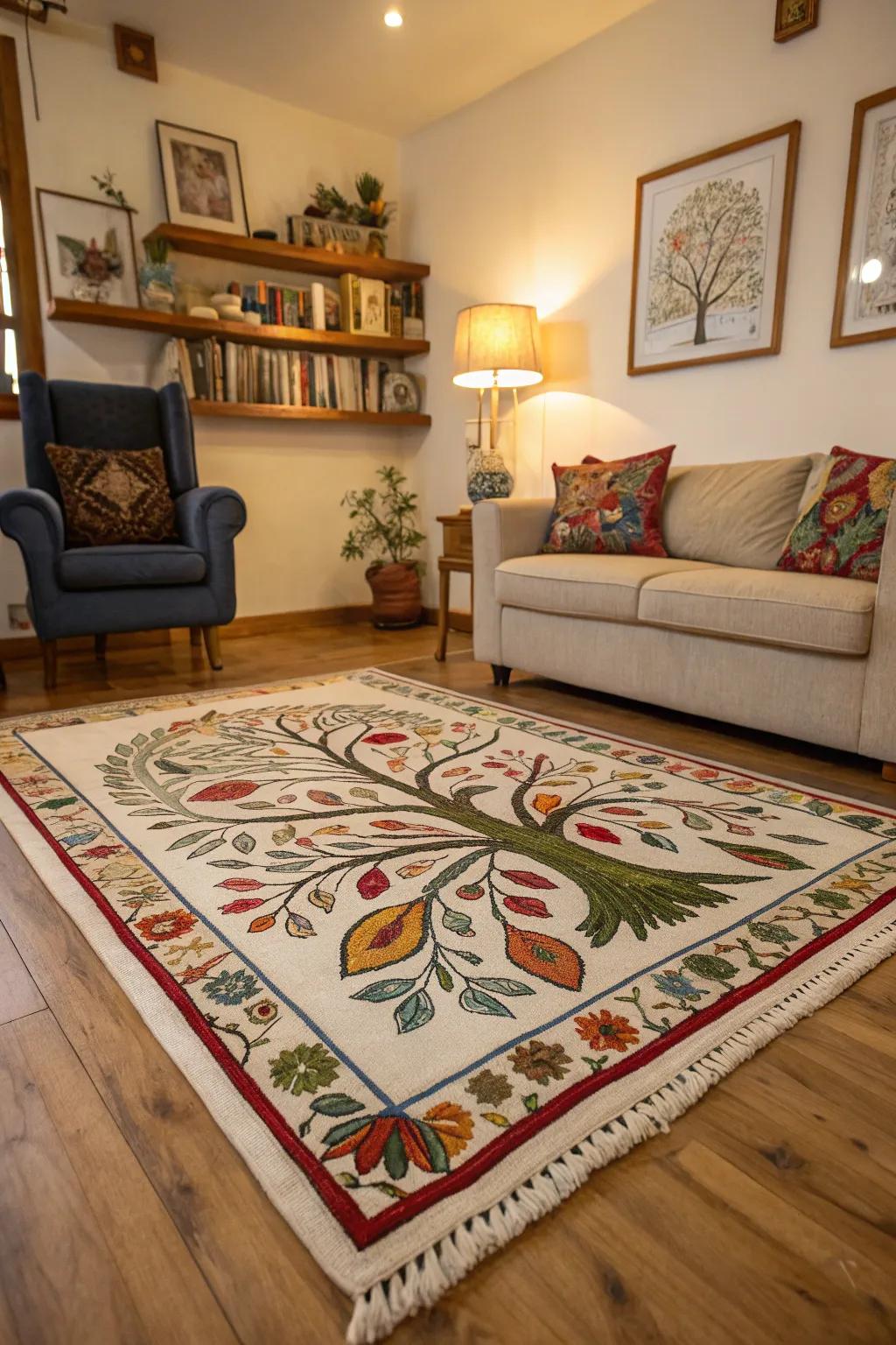 Arbor Vitae floor covering lends warmth and character to a cozy living space.