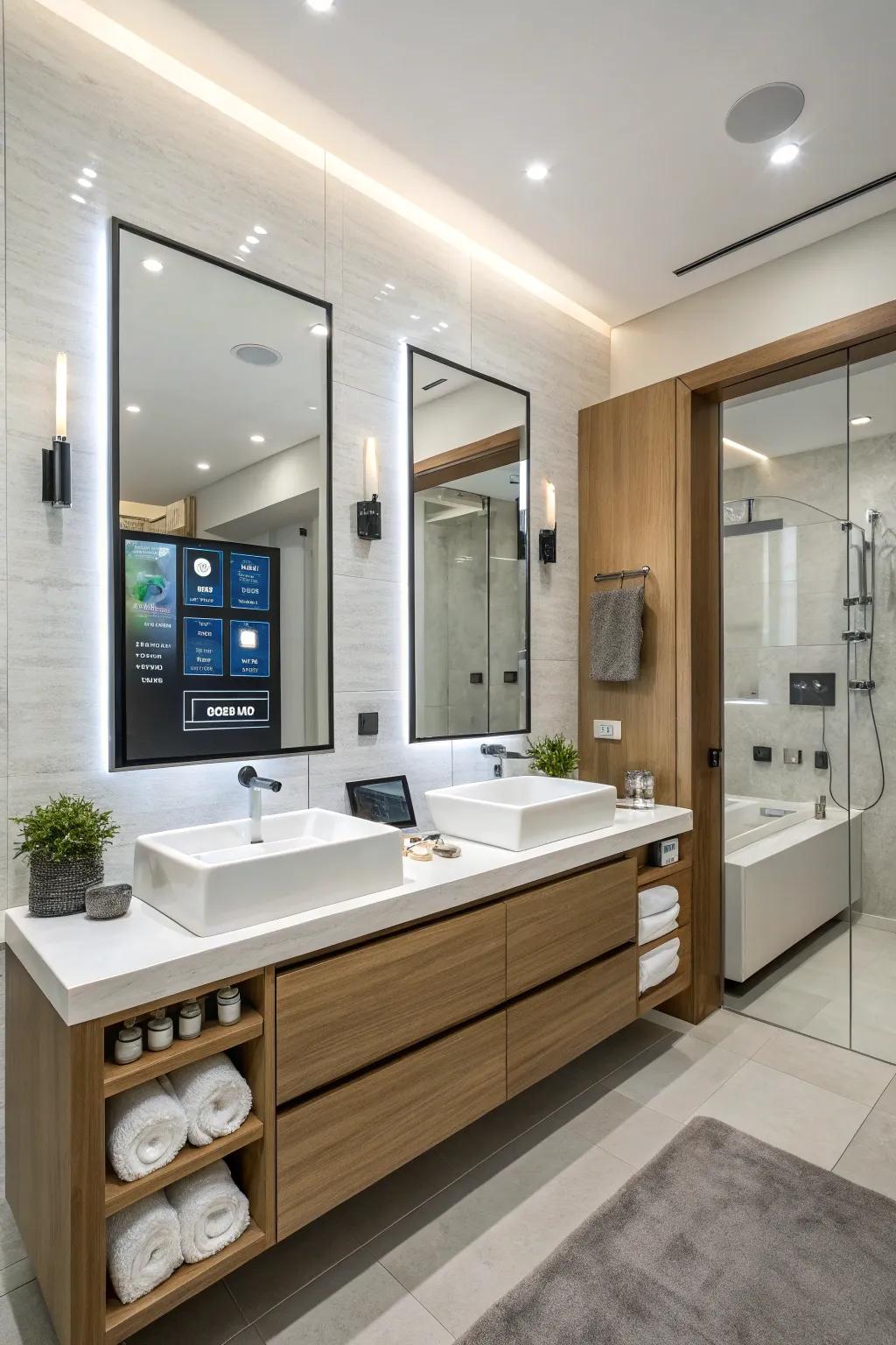 A modern bathroom vanity featuring integrated innovations for improved functionality.