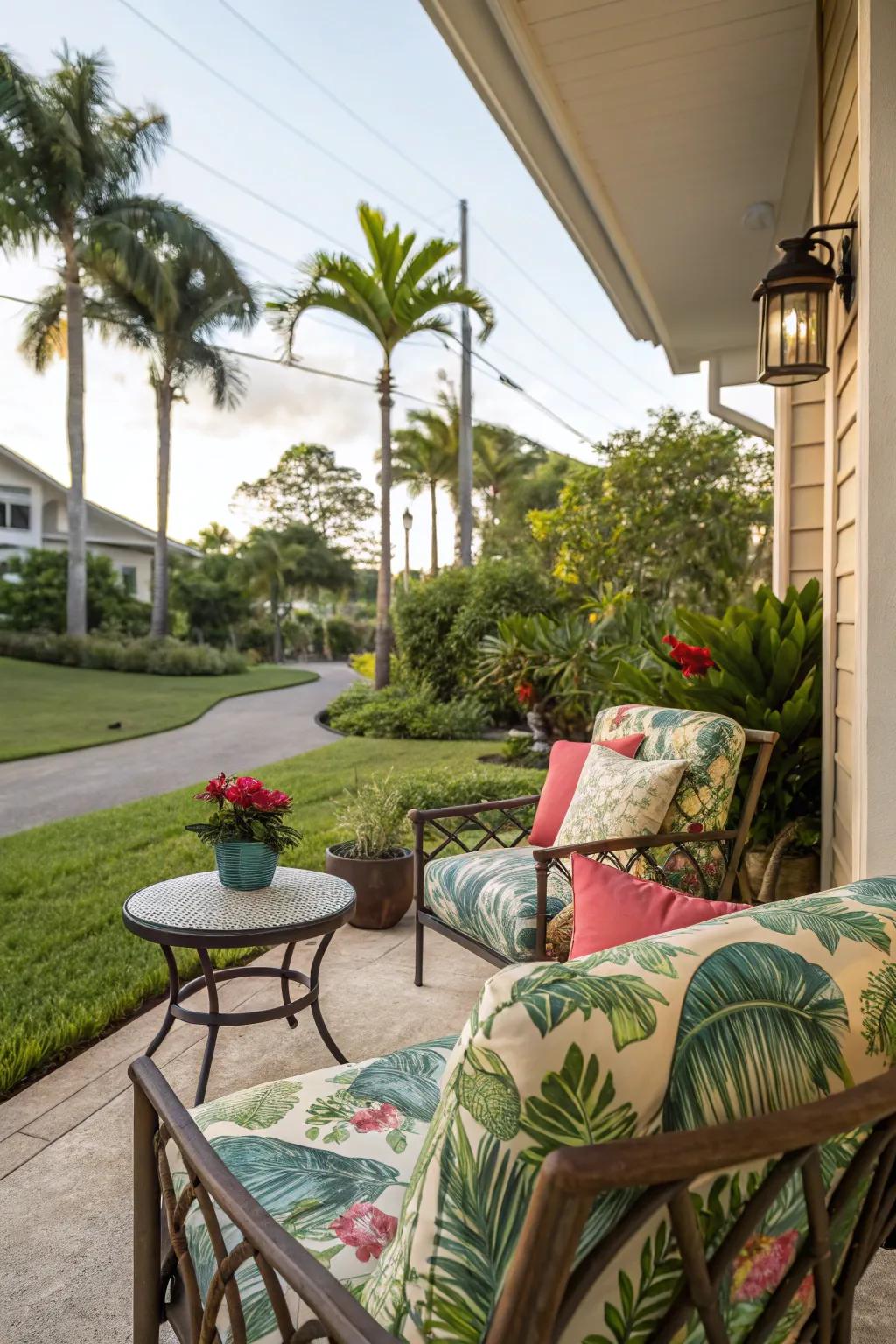 Tropical-patterned fabrics contribute a burst of joy to outdoor décor.