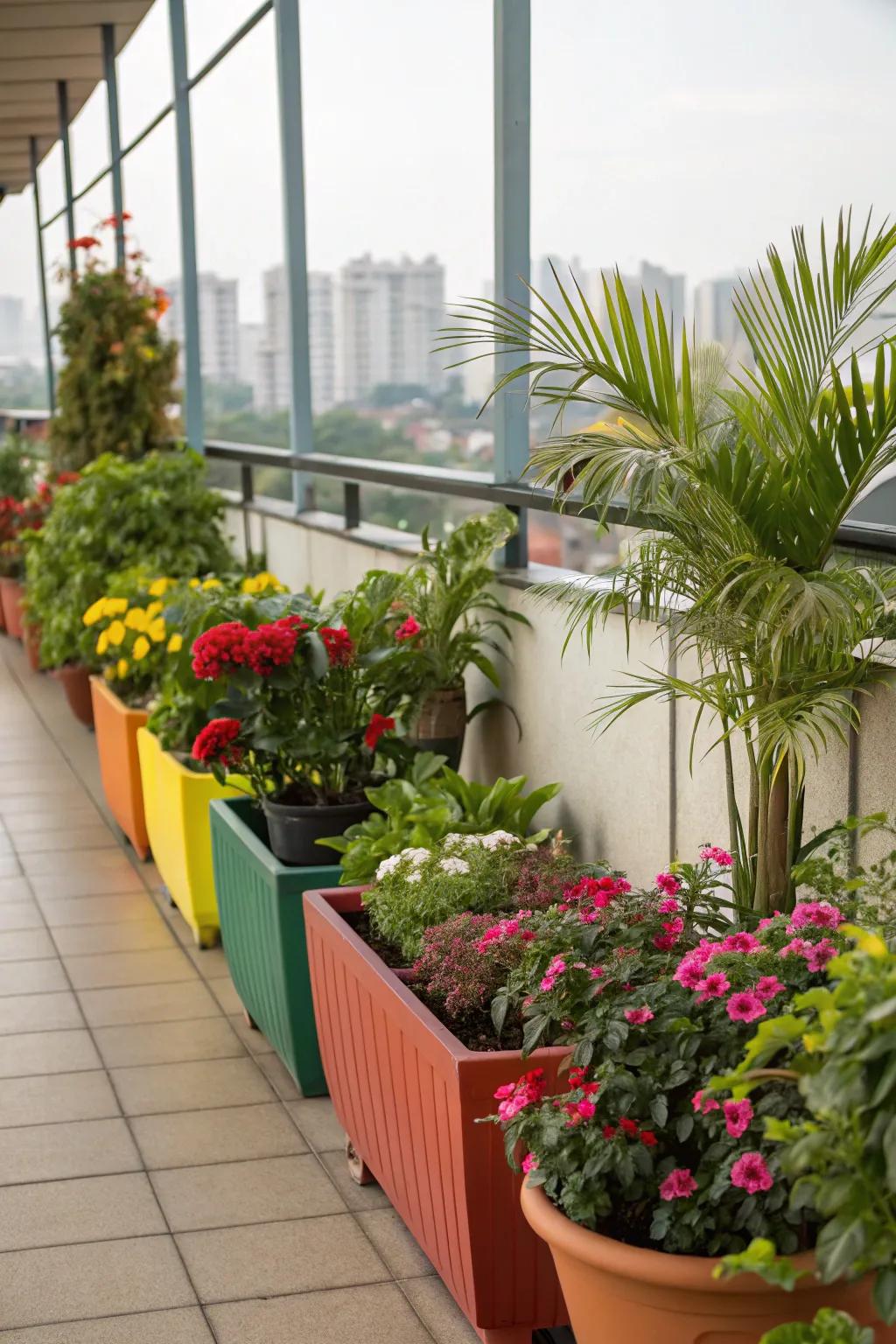 Brighten your balcony with colorful pots for a playful touch.