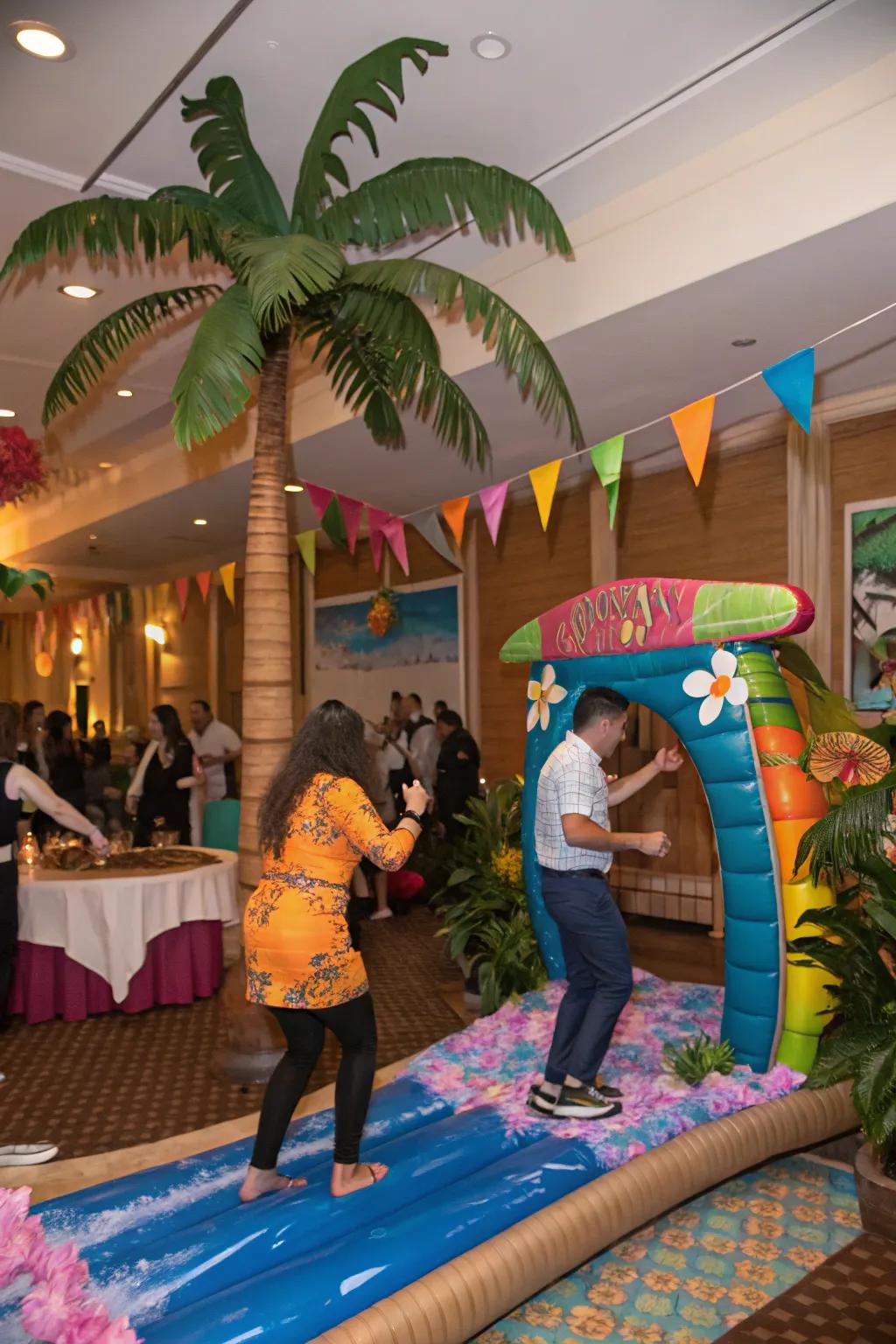 A water riding simulator conveys the seashore to your celebration.