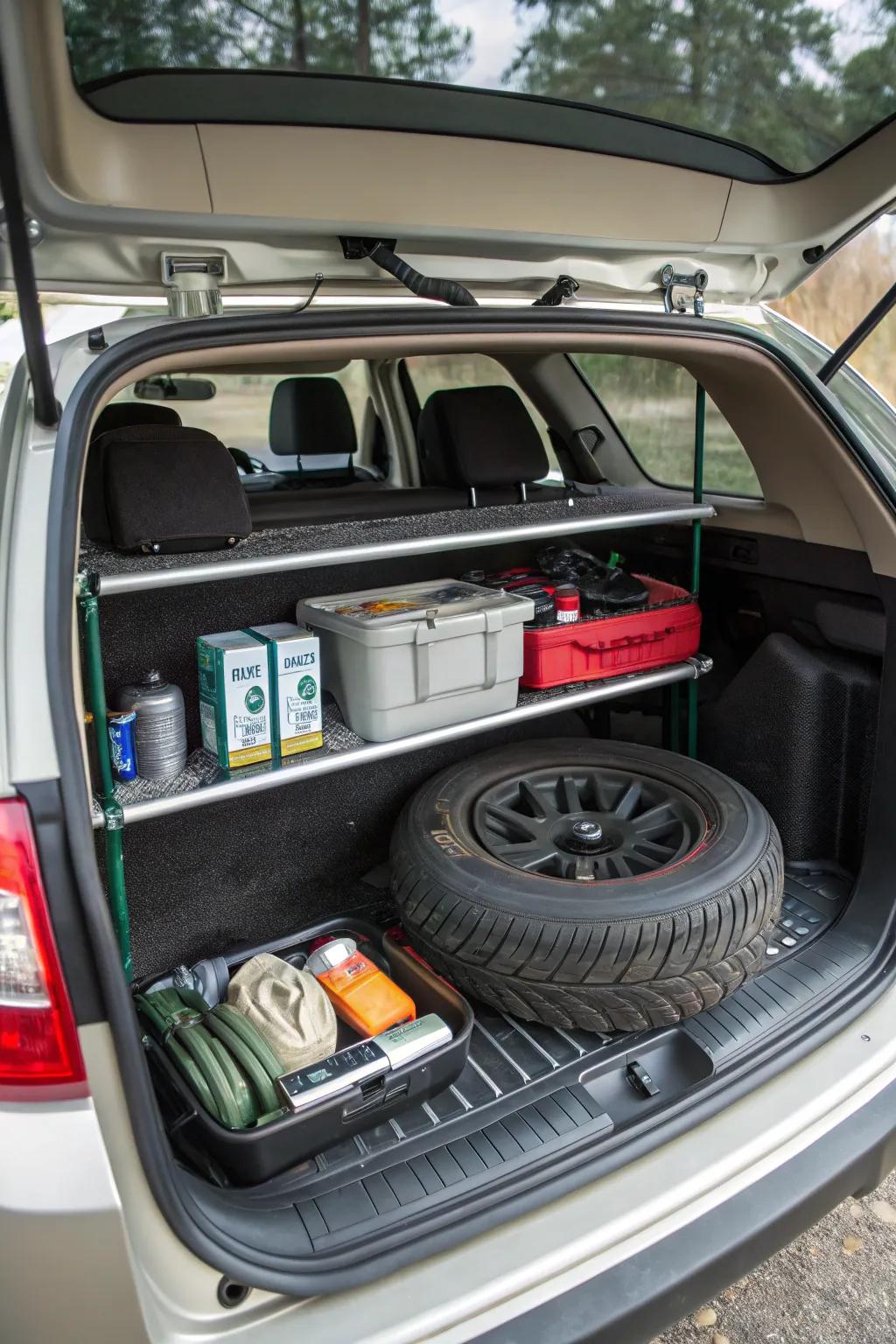 Two-tier trunk platform maximizing storage with layered arrangement.