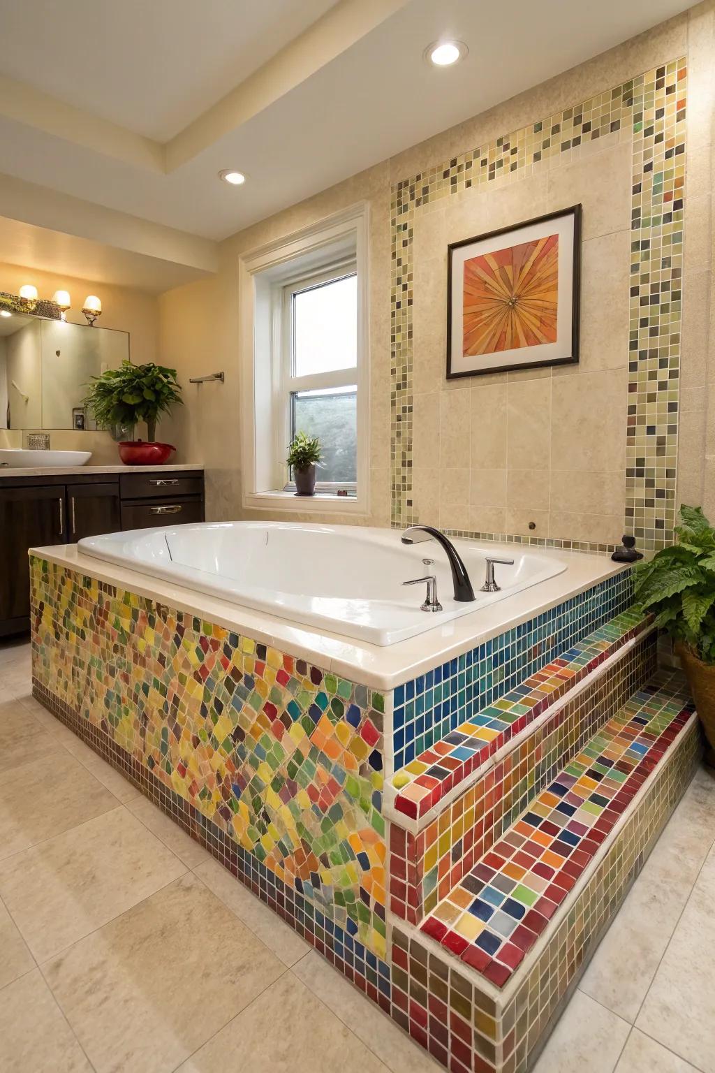 A tub deck transformed into an artistic masterpiece using mosaic tiles.