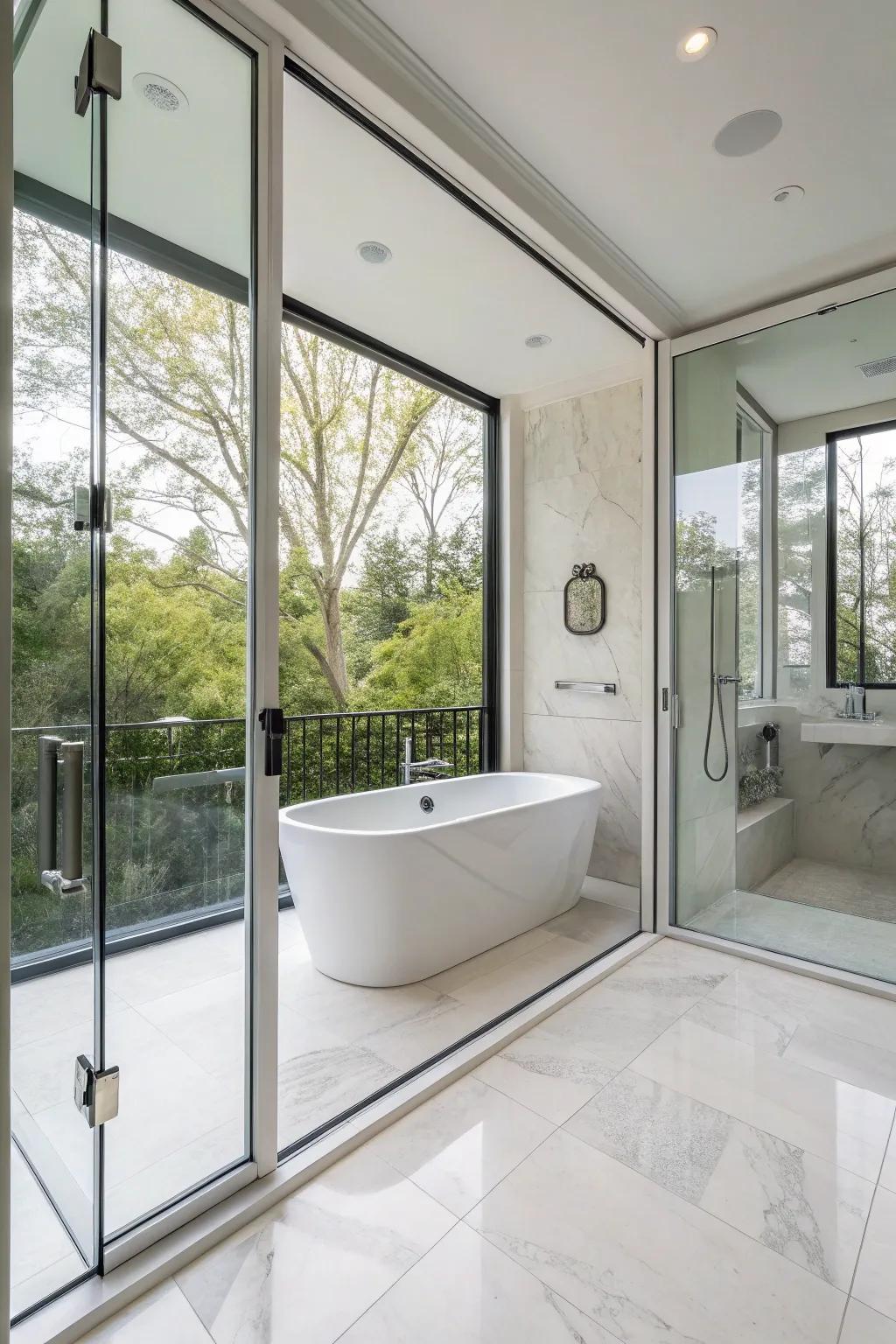 Floor-to-ceiling crystal doors create a streamlined, modern look.