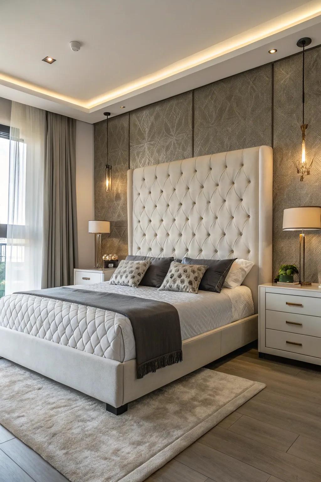 A contemporary bedroom showcasing a single-tone tufted headboard.