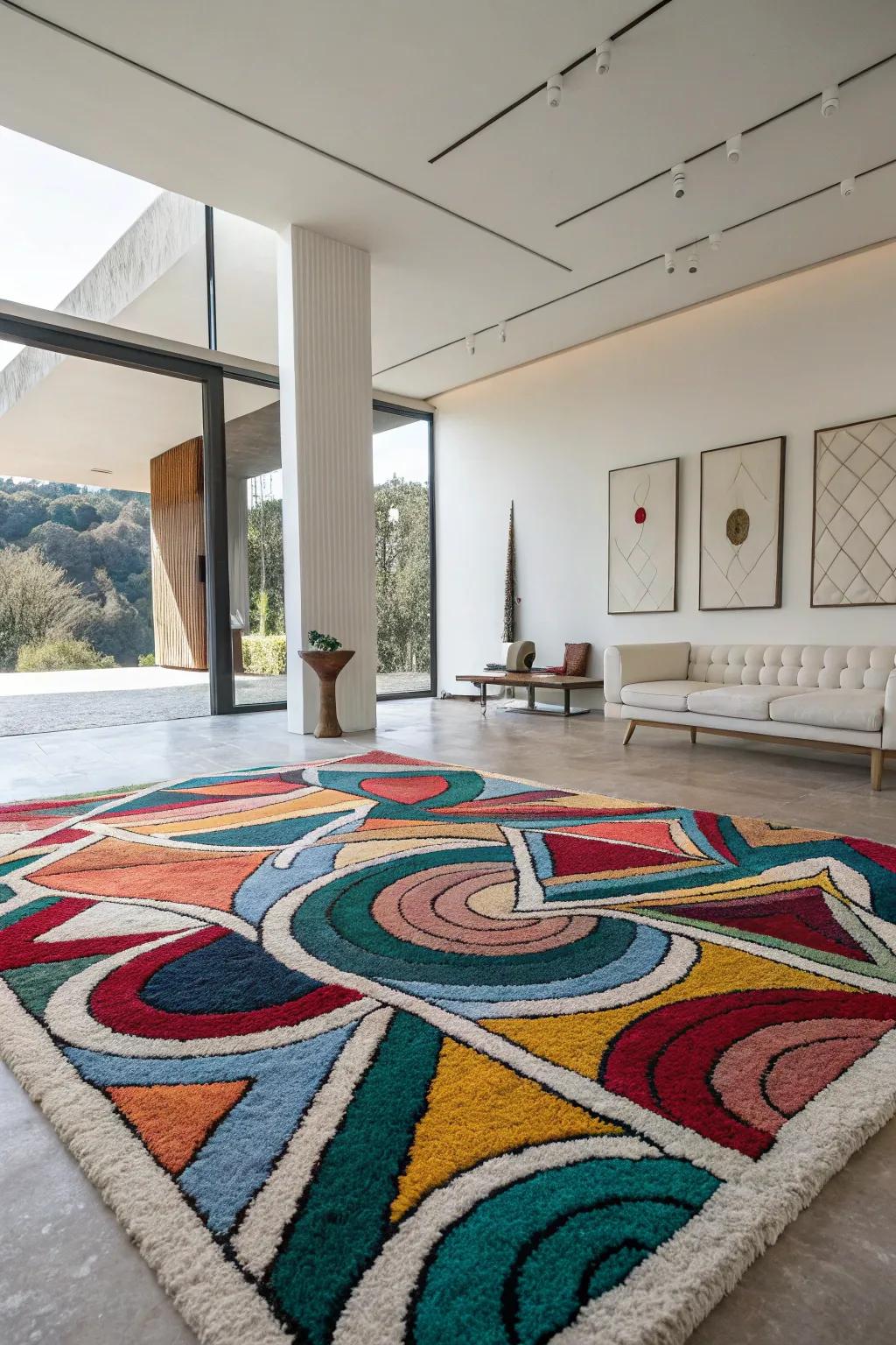 Abstract art rugs turn floors into vibrant art spaces.