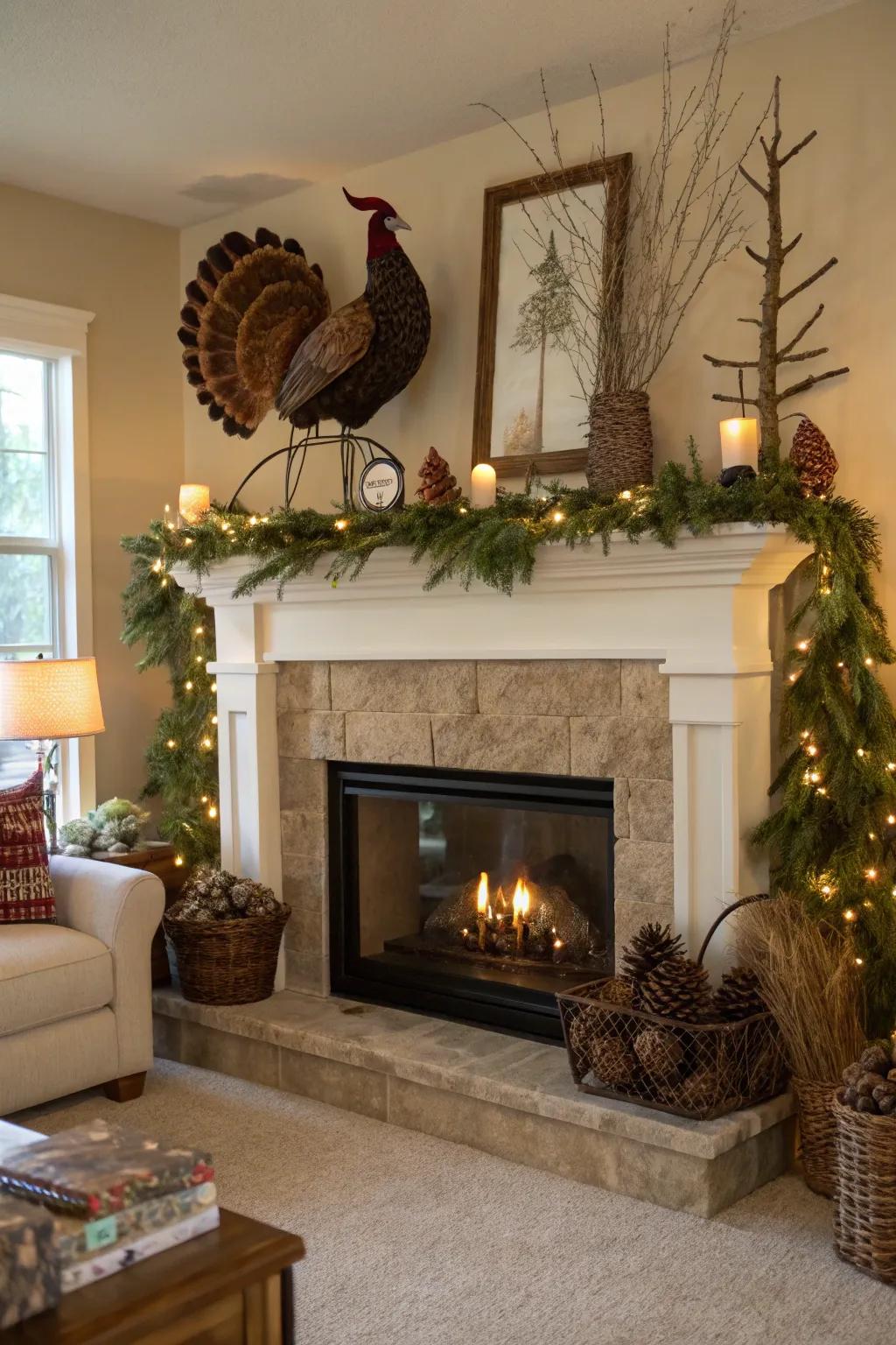 An outdoor-inspired mantelpiece display highlighting a turkey display.