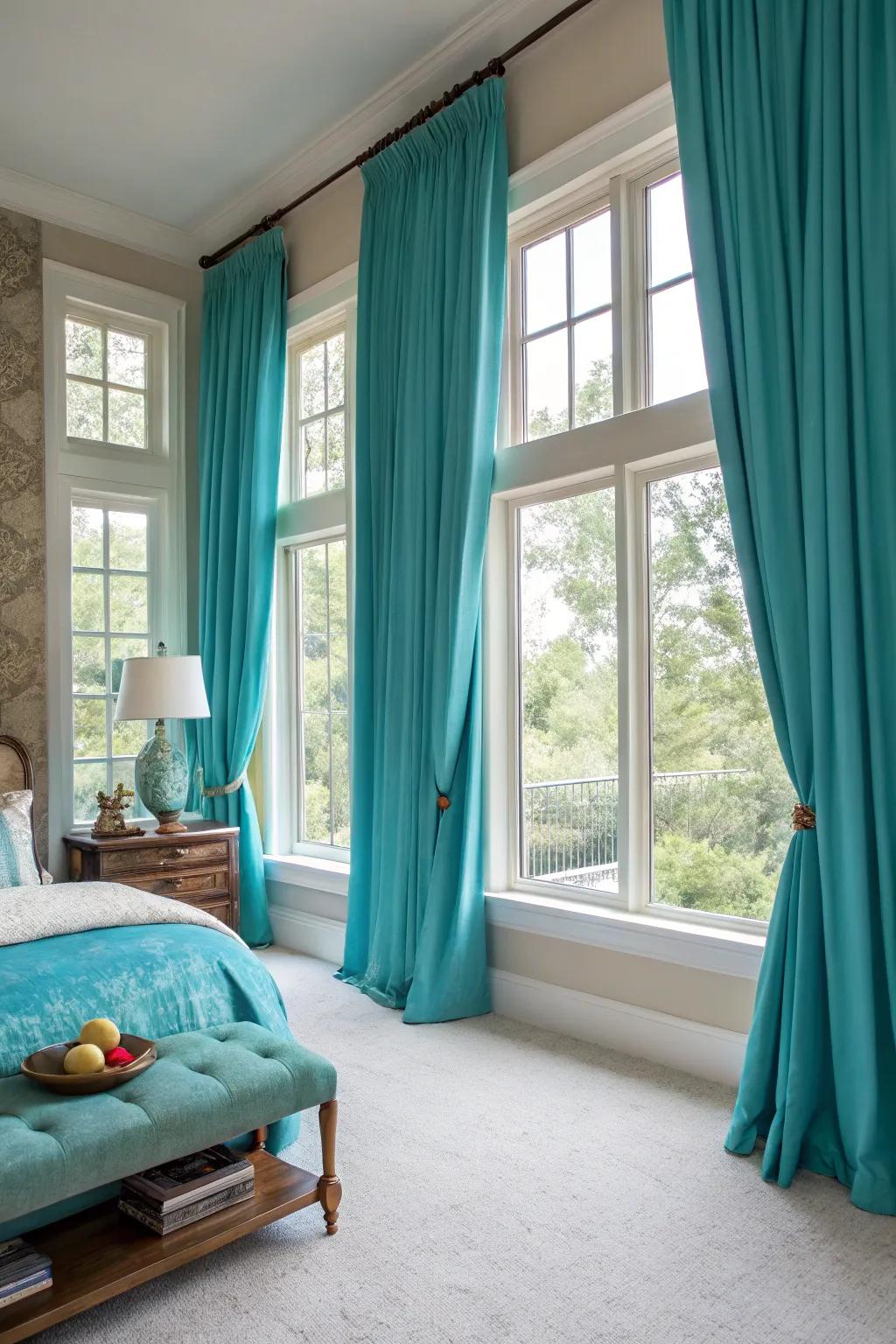 Turquoise drapes make a bold statement.