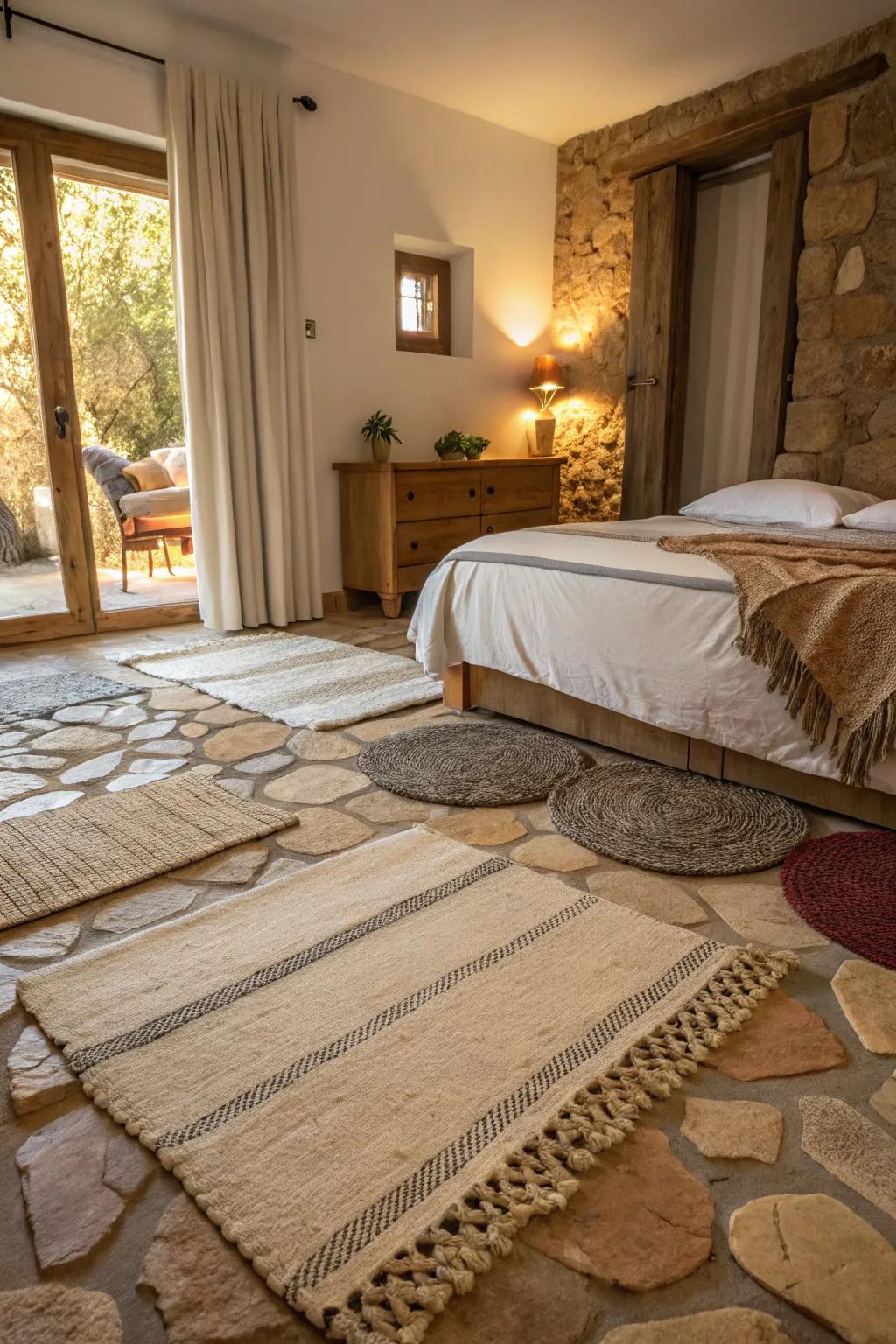 Layered floor coverings inject warmth and texture into your Tuscan bedroom.