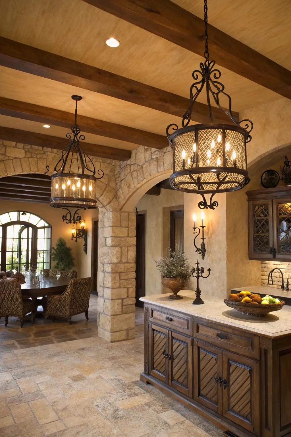 Mixing metals gives a modern twist to Tuscan lighting.