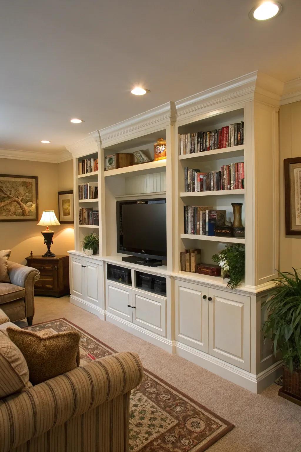 A built-in bookcase surrounds the TV, crafting a library-like feel.
