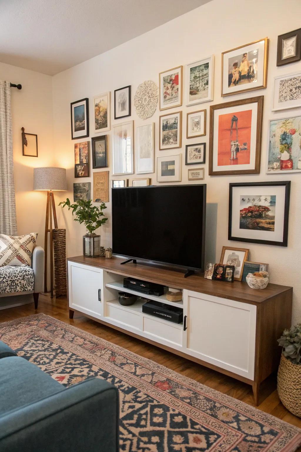 Eclectic gallery wall surrounding a TV stand.