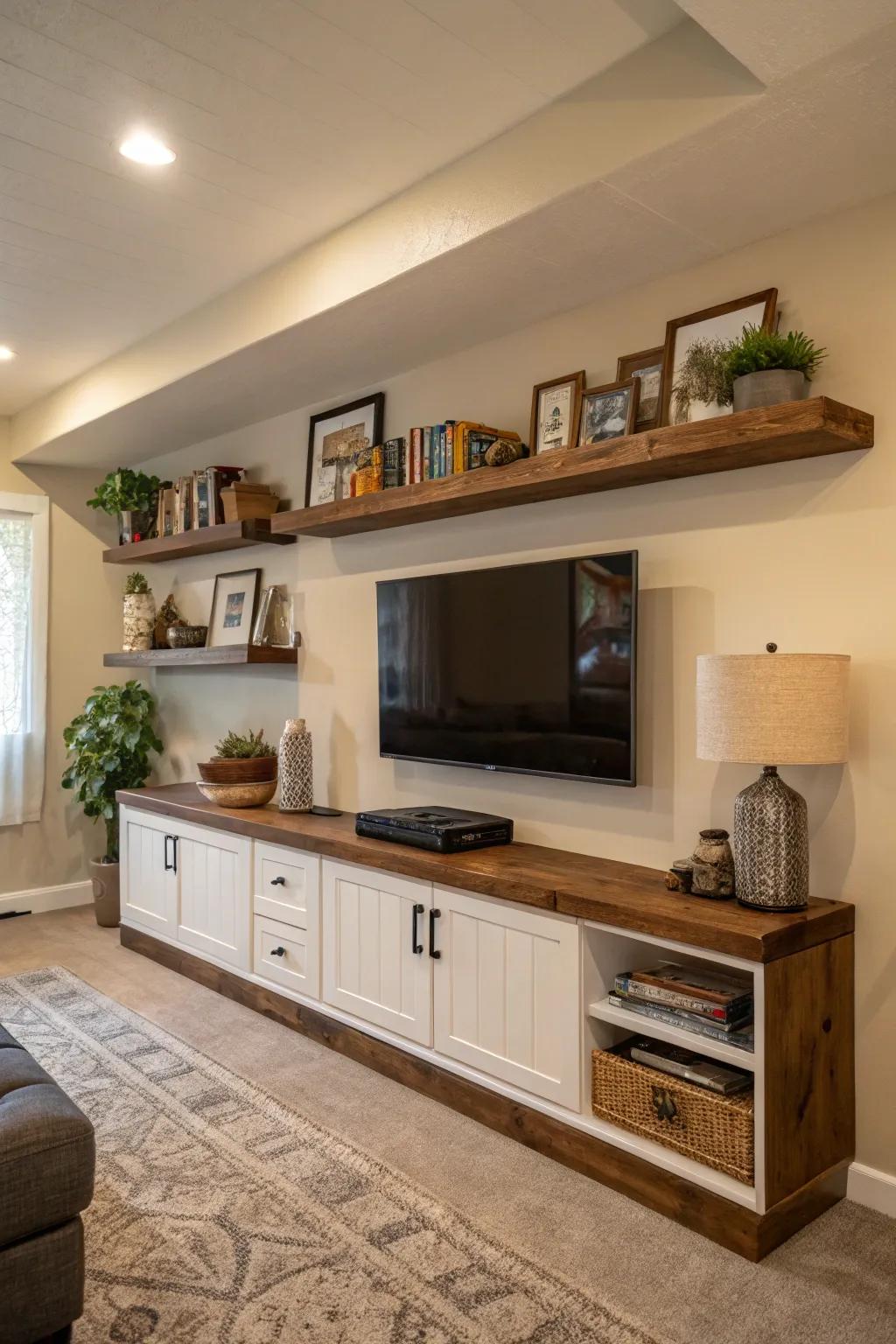 Elevated shelves complementing a TV setup for an airy sensation.