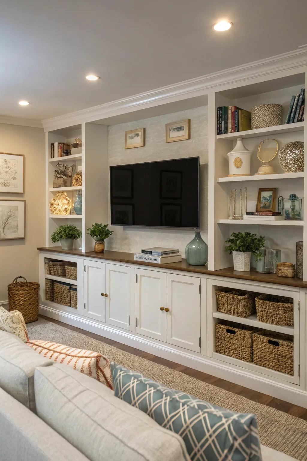 Exposed shelving integrates your TV into the room's design.