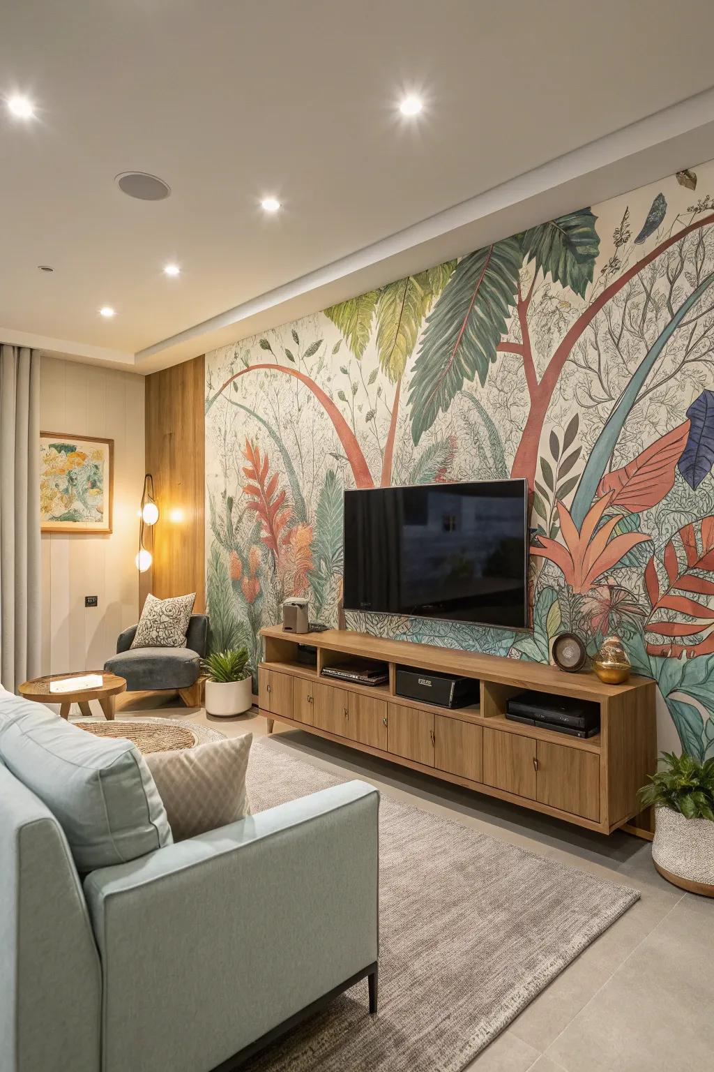 A creative painting establishes an engaging backdrop for this TV wall.