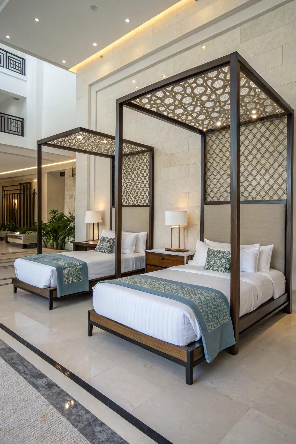 Unique bed frames bring architectural interest to bedrooms.