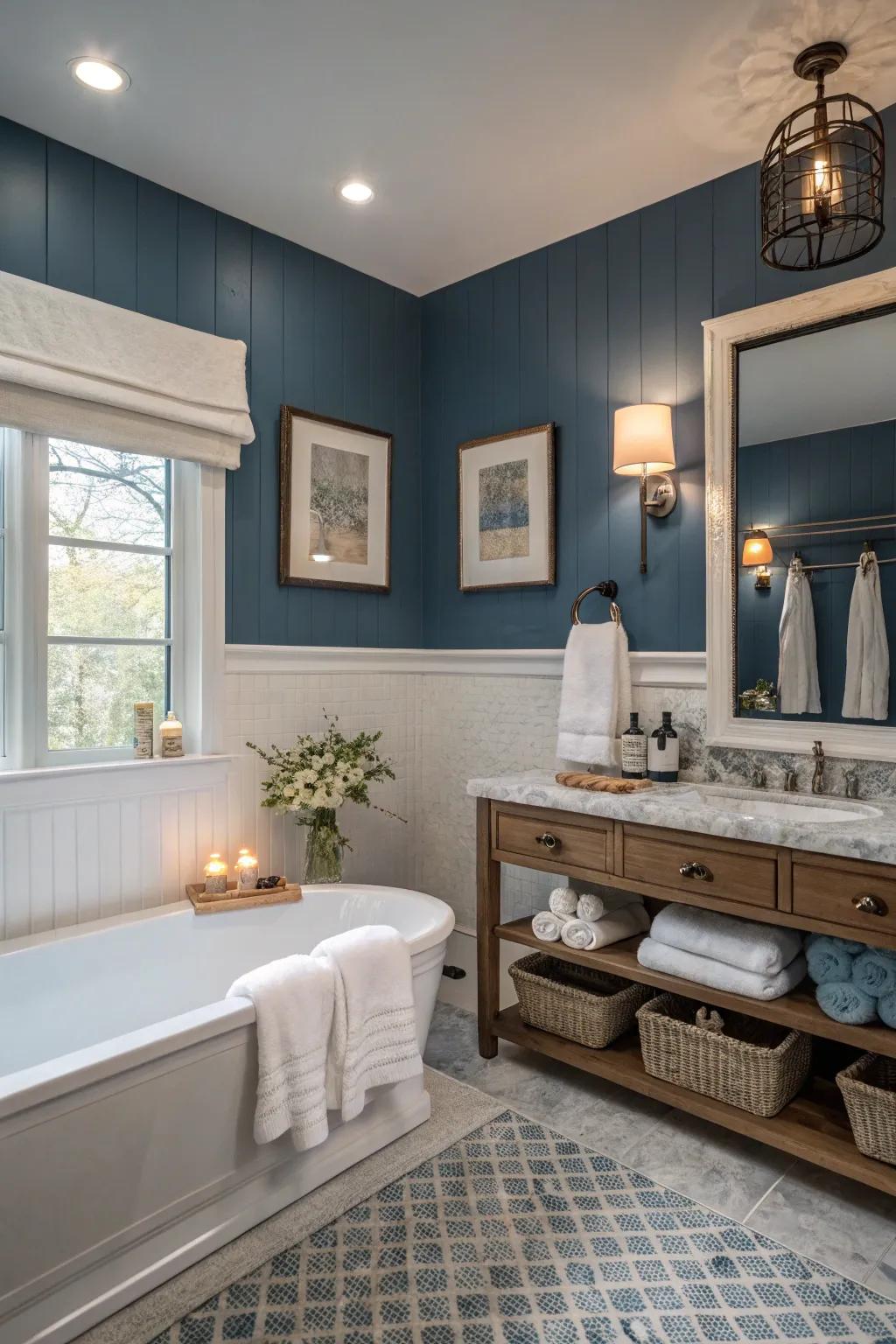 A moody blue and white two-tone wall design that fosters a relaxing atmosphere.