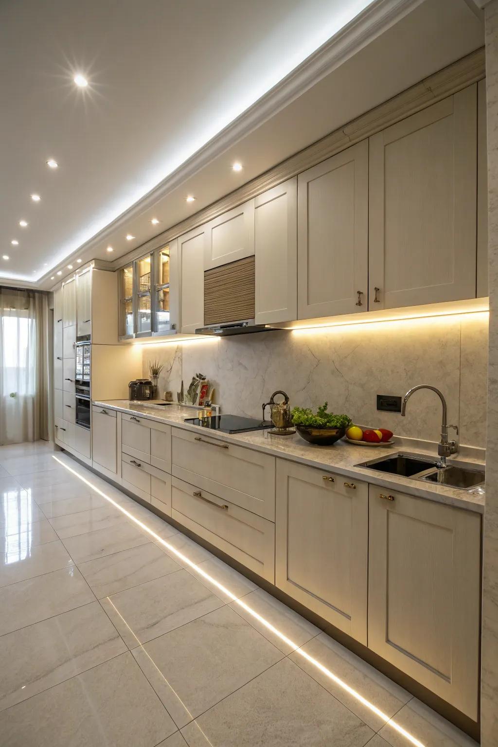 Linear lights offer consistent radiance, improving kitchen workspaces.