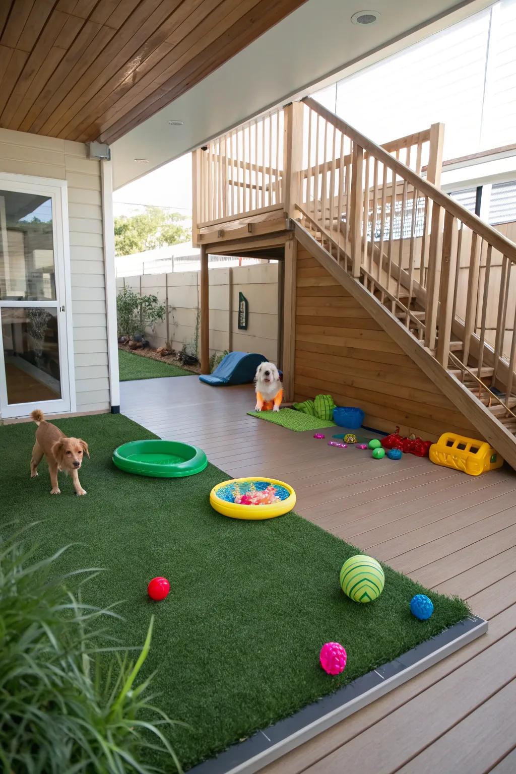 An intimate pet vicinity beneath the deck, rounded out with artificial turf and toys.